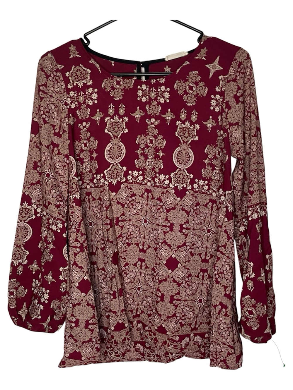 Jella C Burgundy Boho Printed Long Sleeve Peplum Blous